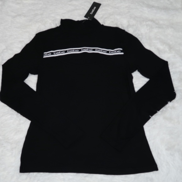 Bebe Black Long Sleeve Mock Neck Slit Tapered Logo NWT - Picture 2 of 9